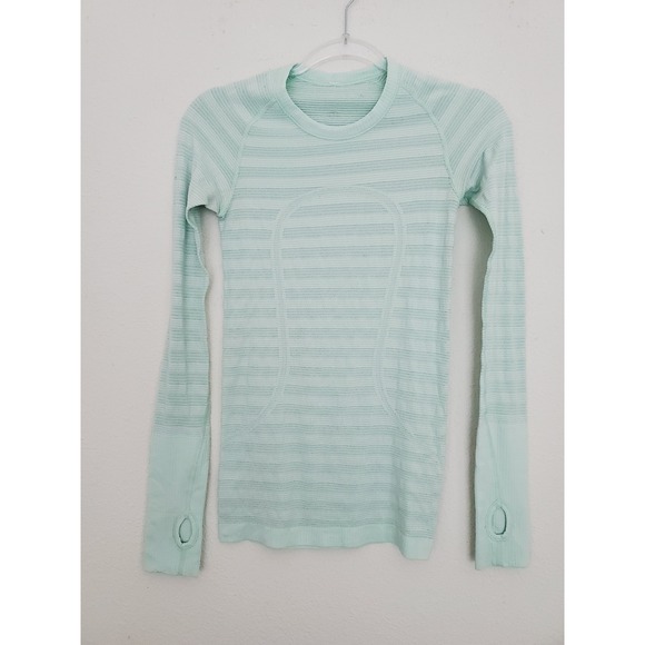 Lululemon Womens 4 Swiftly Tech Long Sleeve Green Striped Thumbholes Top - Picture 2 of 10